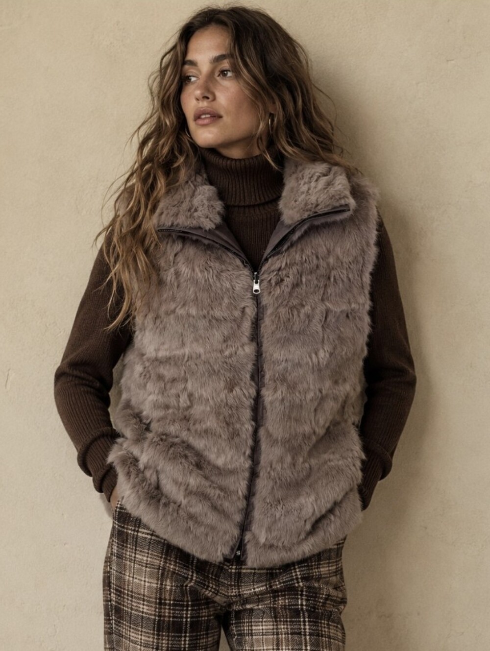 La Fiorentina Genuine Rabbit Fur Reversible Vest Taupe Brown Full Zip Size M/L